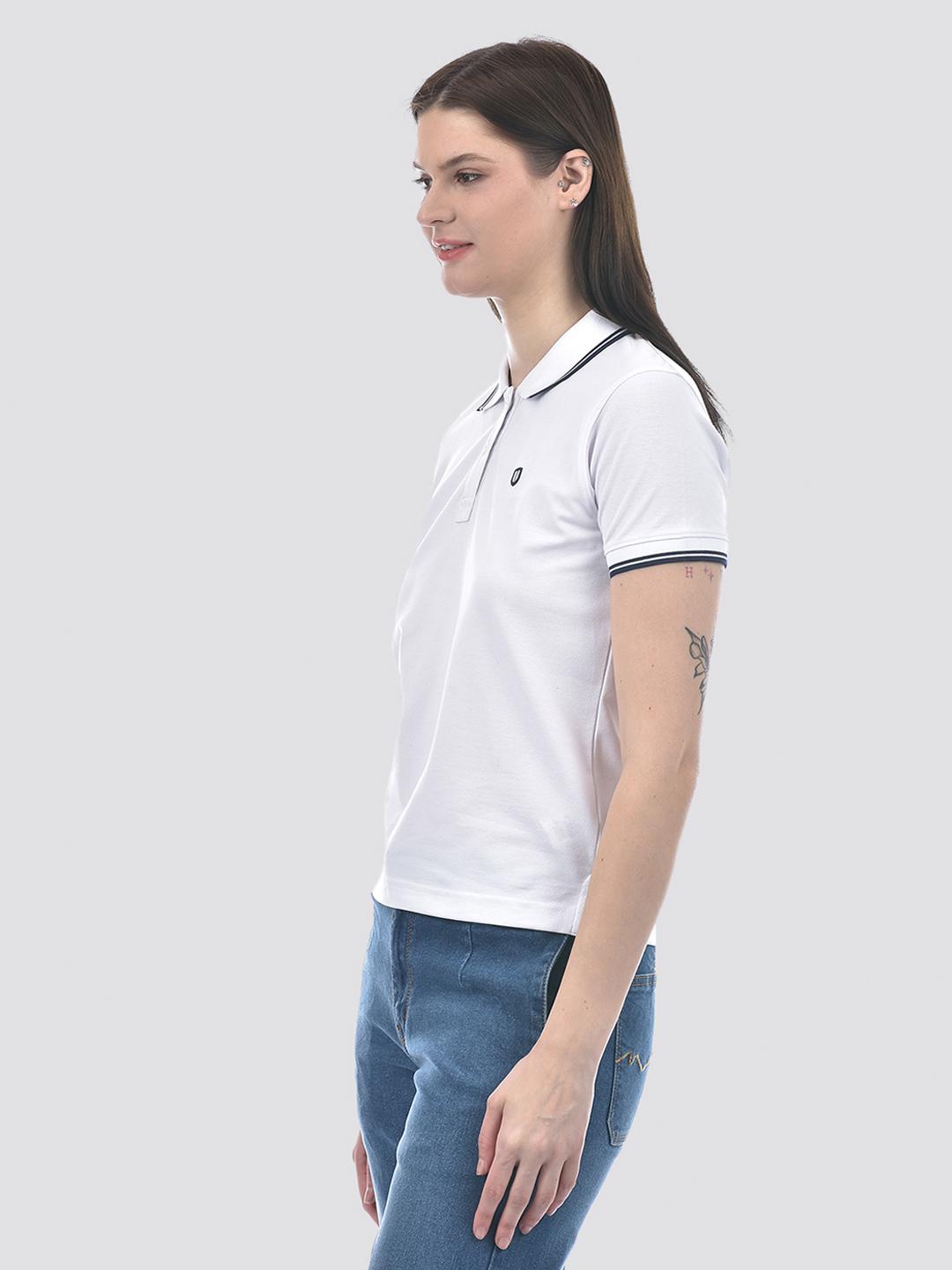 Numero Uno Women White Tipped Collar Polo Neck T-Shirt
